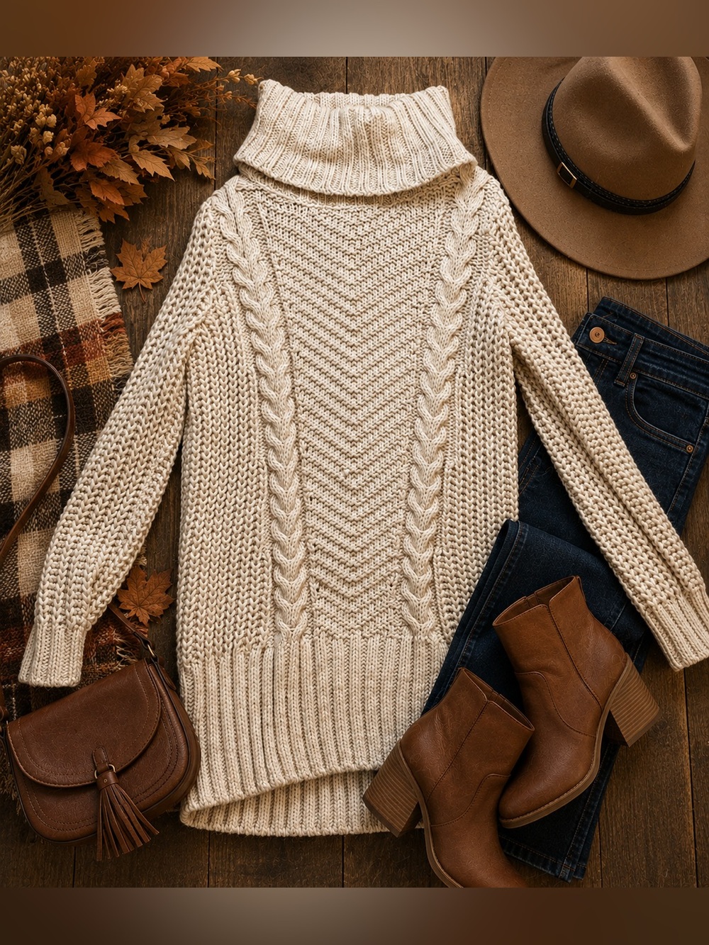 H&M Cream Chunky Cable Knit Turtleneck Sweater Oversized Cozy Medium